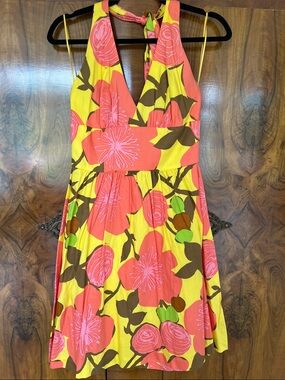 Trina Turk Yellow Floral Halter Midi Dress with Coral & Brown Accents - Size 6